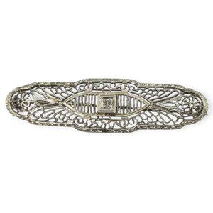 Edwardian Style 10K White Gold & Diamond Filigree Bar Pin/Brooch 2"